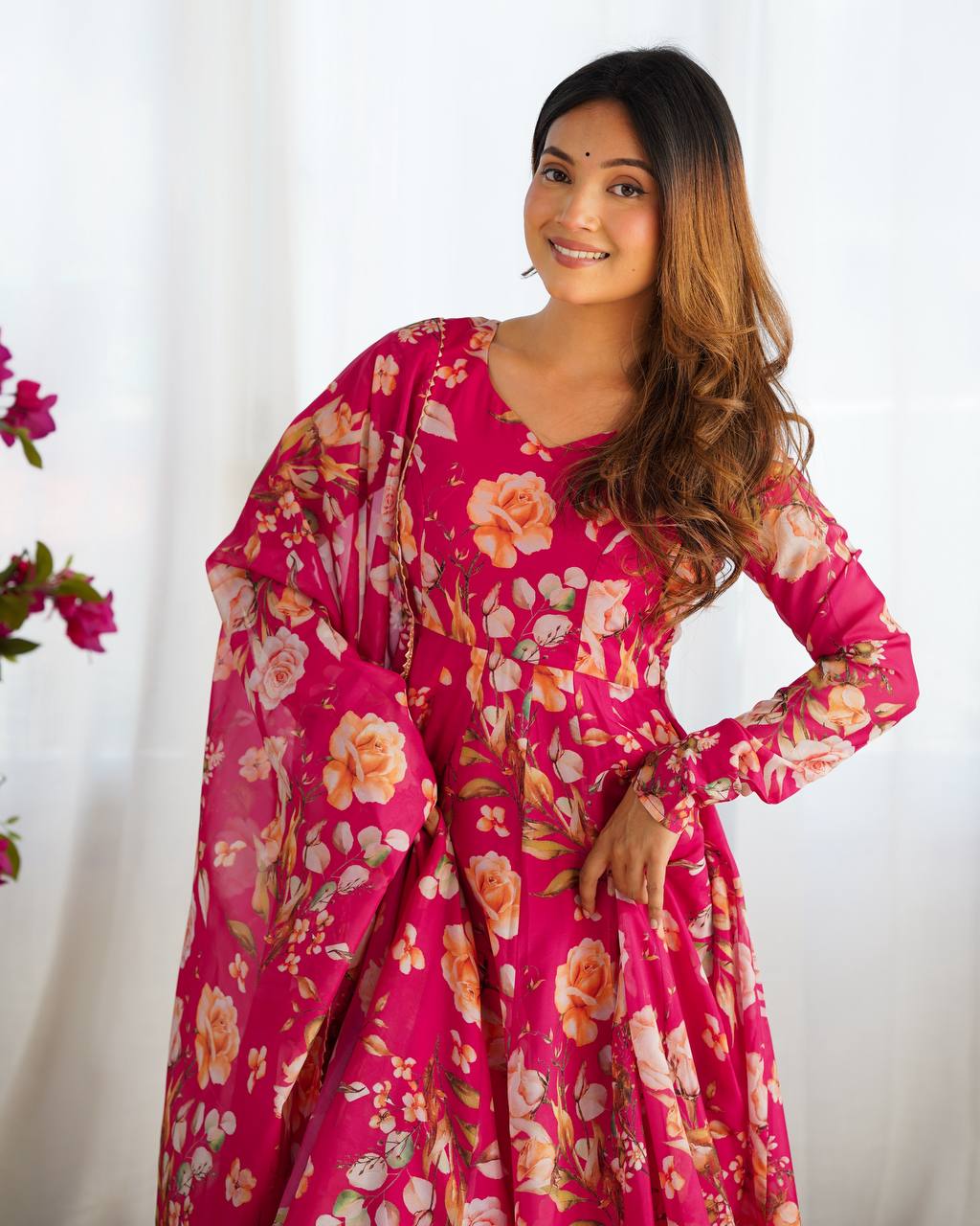 Pink Floral Anarkali Suit with Dupatta