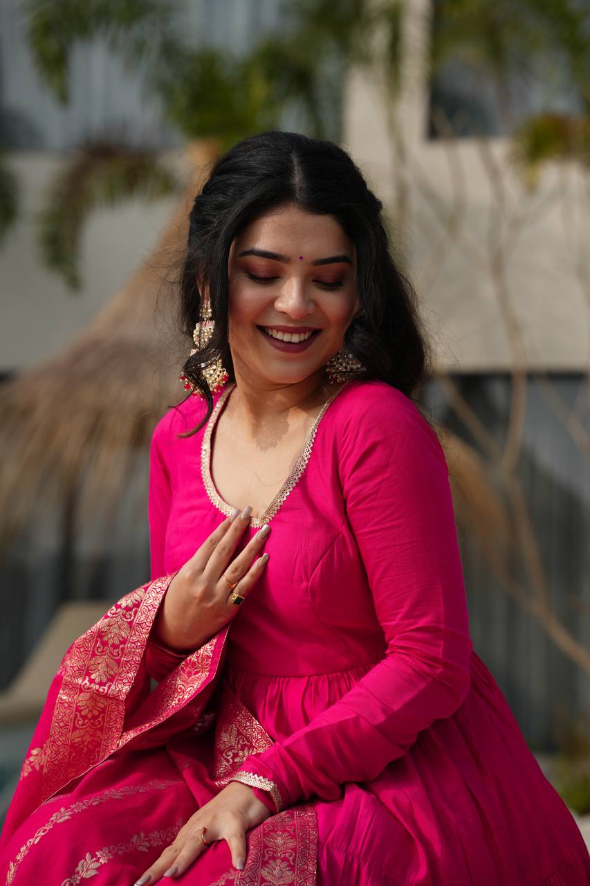Hot Pink Tiered Anarkali with Banarasi Dupatta