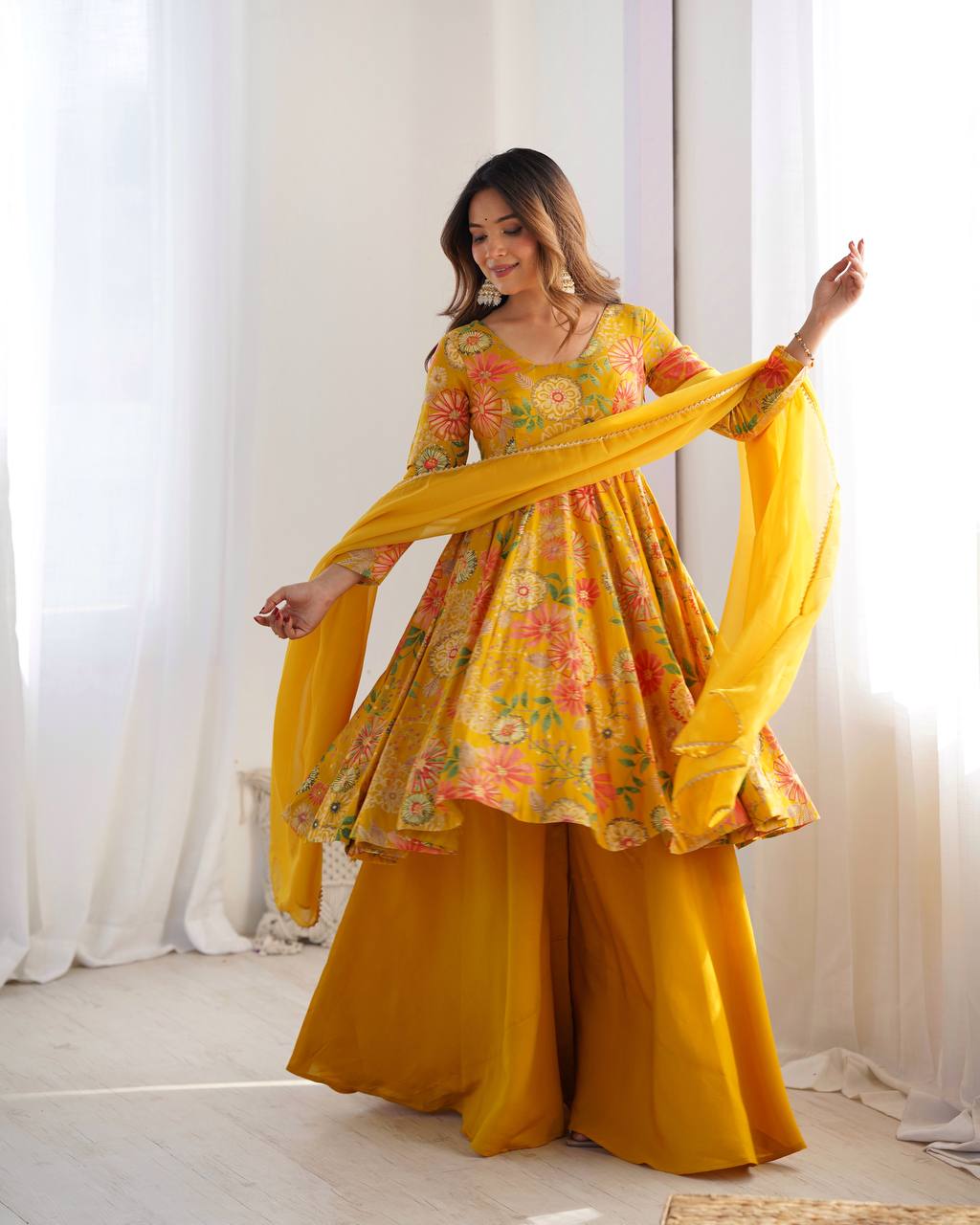 Sunflower Yellow Floral Peplum Kurta with Sharara & Dupatta – Vibrant Festive Wear