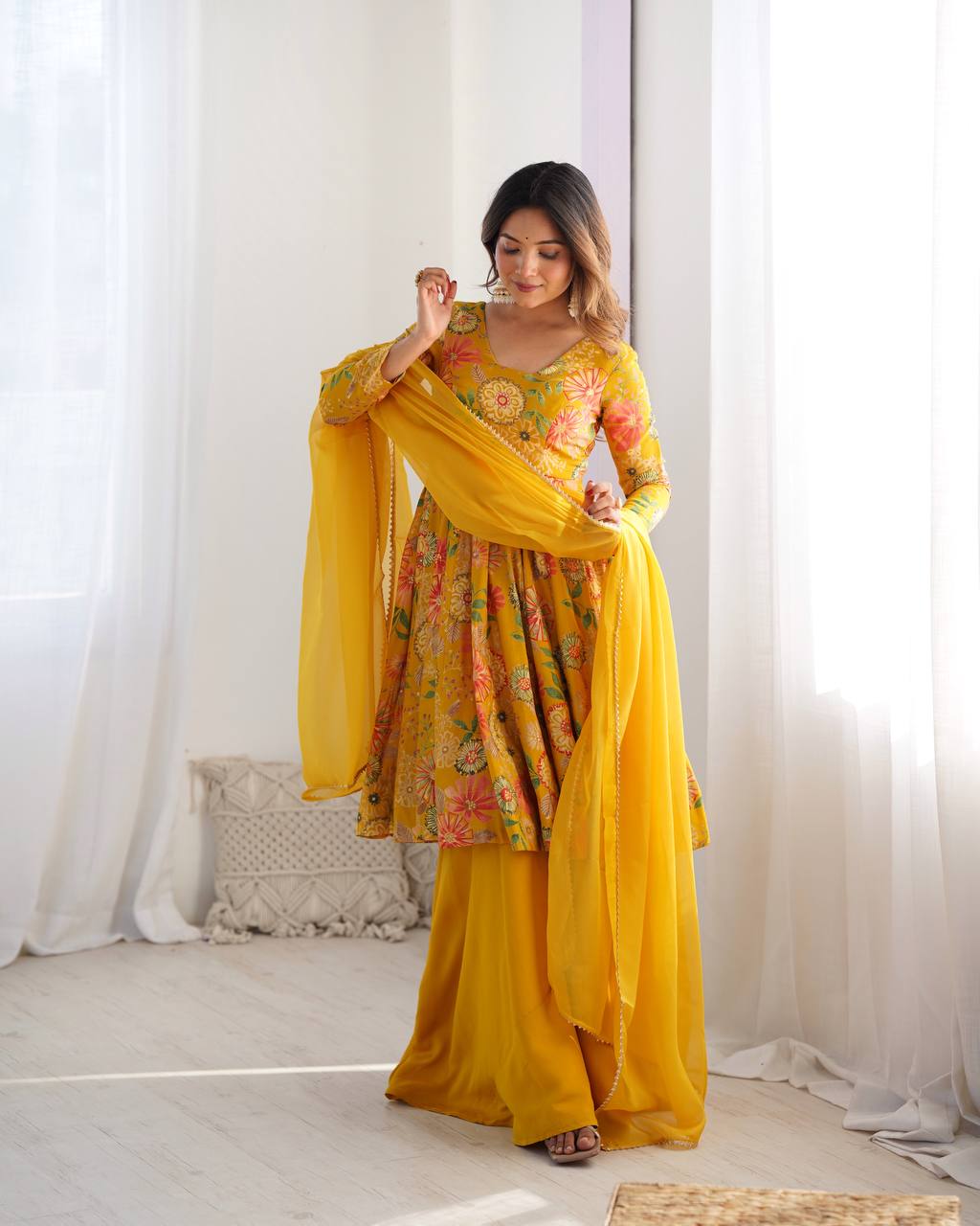 Sunflower Yellow Floral Peplum Kurta with Sharara & Dupatta – Vibrant Festive Wear