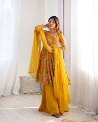 Sunflower Yellow Floral Peplum Kurta with Sharara & Dupatta – Vibrant Festive Wear