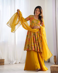 Sunflower Yellow Floral Peplum Kurta with Sharara & Dupatta – Vibrant Festive Wear