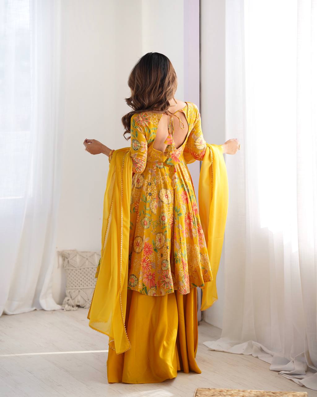 Sunflower Yellow Floral Peplum Kurta with Sharara & Dupatta – Vibrant Festive Wear