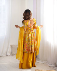 Sunflower Yellow Floral Peplum Kurta with Sharara & Dupatta – Vibrant Festive Wear