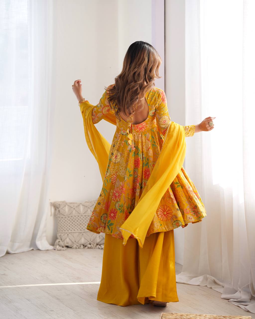 Sunflower Yellow Floral Peplum Kurta with Sharara & Dupatta – Vibrant Festive Wear